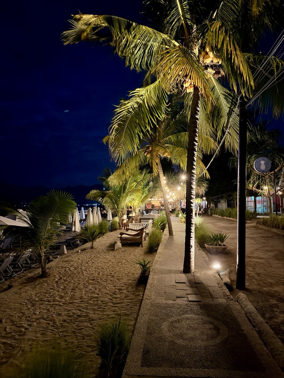 Beleuchtete Palmen am Strand von Gili Air am Abend